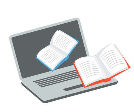 Media content for receiving online education. Application cartoon icon. Opened laptop and paper...