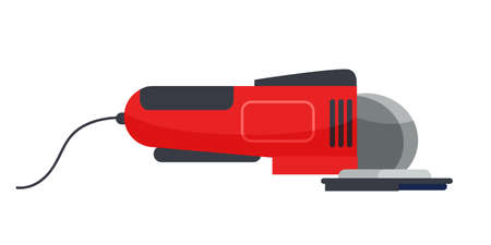 Grinding machine flat vector illustration. Red handheld power tool isolated clipart on white background. Automated angle grinder. Factory machinery. Construction equipment design elementのイラスト素材