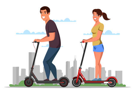 Friendly smiling man woman on electric scooters. Happy couple prefer eco transportation. Cartoon city landscape. Active lifestyle. People enjoying futuristic e-scooter ride. Vector flat illustrationのイラスト素材