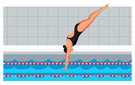 Young sportswoman in swimsuit jumping in flat cartoon pool. Diving swimming competition. Swimmer taking part in tournament. Water sport. Practicing and training. Vector cutout illustrationのイラスト素材