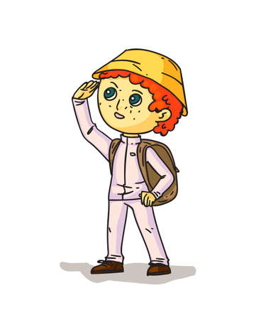 Cartoon boy hiker with backpack on whiteのイラスト素材