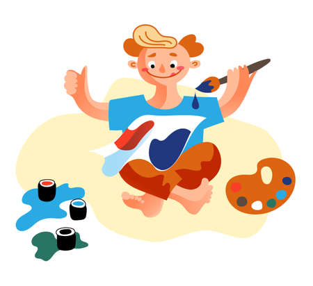 Little baby playing with paint and brush at homeのイラスト素材