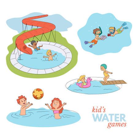 Aqua park kids entertainment scene cartoon setのイラスト素材