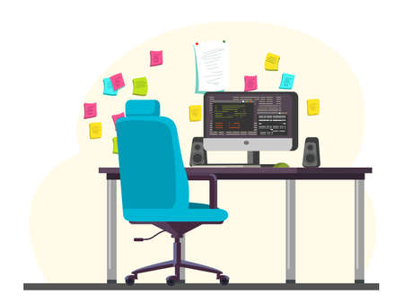 Empty programmer office room workplace with computer, speakers, keyboard on desk, comfortable chair, reminder colorful stickers hanging on wall. Workstation. Vector workspace interior illustrationのイラスト素材