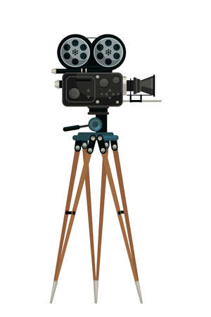 Camera on tripod vector illustration. Black old fashioned videocamera isolated clipart on white background. Cinematography and filmmaking, cameraman equipment. design element.のイラスト素材