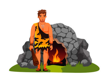 Ancient guard with baton standing near stone homeのイラスト素材