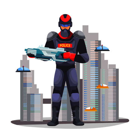 Police guard man with weapon in futuristic cityのイラスト素材