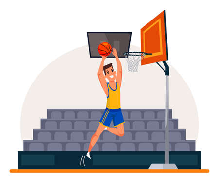 Basketball player flat vector illustration. Sportsman wearing professional uniform. Athlete cartoon character on stadium drawing. Man throwing ball in basket. Job, hobby, occupationのイラスト素材