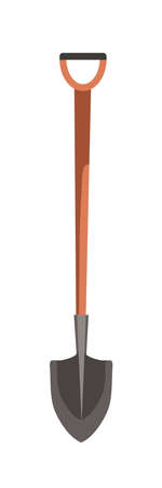 Metallic garden shovel with wooden handle isolated on white. Farming, gardening, planting hand tool stock. Flat design. Farmer and gardener instrument for digging. Vector cartoon illustrationのイラスト素材