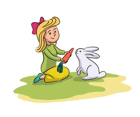 Cheerful little girl feeding, giving carrot cute grey rabbit on farm yard. Happy child and domestic animal contact. Kid playing with funny hare. Childhood and farming. Adorable preschooler and bunnyのイラスト素材
