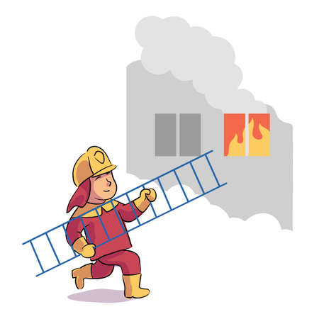 Boy firefighter wearing uniform and helmet running with ladder to burning window in house. Fireman firefighting, fighting with blaze and smoke, extinguishing with big fire. Vector illustrationのイラスト素材