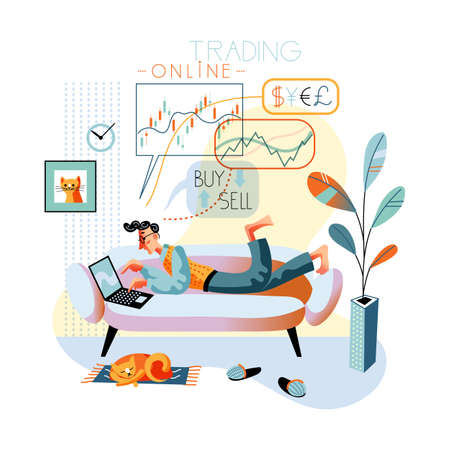 Man business trader buying, selling money on stock market. Guy freelancer with laptop sitting on sofa in home living room. Trading online, currency monetary forex exchange market. Vector illustrationのイラスト素材