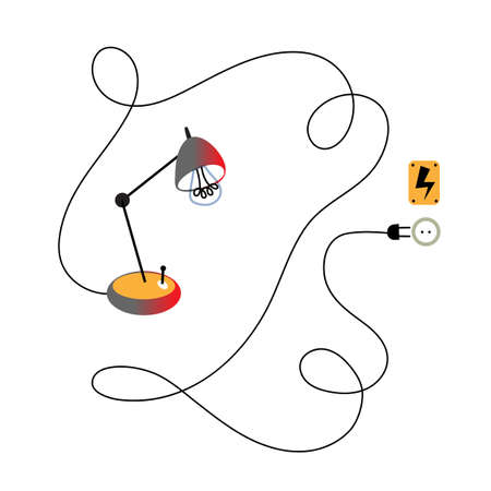 Table lamp, wire, plug, socket, warning danger yellow sign with lightening isolated on white background. Edison invention. Great discover object. Electricity, energy. Vector illustrationのイラスト素材