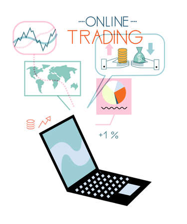Open laptop with trade financial stock market analysis icon isolated on white background. Online trading, buy, sell lettering, forex chart and graphs, percentage increase. Vector illustrationのイラスト素材