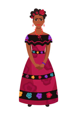 Beautiful latine mexican woman character in traditional ethnic national dress clothes decorated with flowers standing isolated on white background. Full length portrait. Vector illustrationのイラスト素材