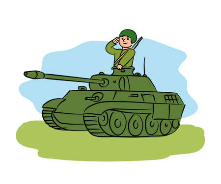 Vector character cheerful boy playing games and dreaming. Teenager imagines himself tankman, salutes and rides tank. Profession child, childish activities, creative, imagination and childhood conceptのイラスト素材