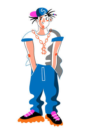 Teenager rapper. Hip hopper guy. Young man musician or dancer. Boy character wearing trendy outfit...