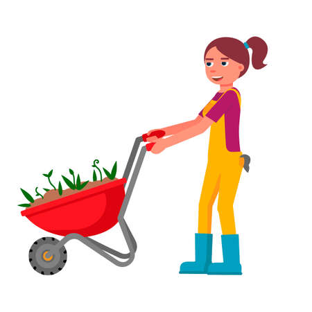 Young woman smiling happily and pushing trolley cart with flower sprout in ground for planting. Gardening time and horticulture. Vector illustrationのイラスト素材