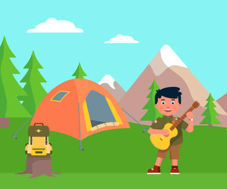 Happy boy scout playing guitar. Tent, backpack on stump. Overnight stay place. Fun and rest in mountain campsite. Scouting, adventure and active summer recreation outdoor. Vector illustration