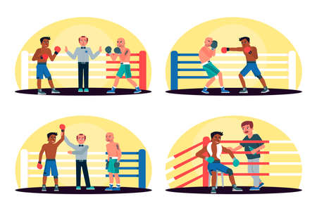 Afro-american and caucasian boxers with referee in ring sport championship set. Fight, battle, combat. Break and rest between rounds. Champion winner announcement. Vector cartoon illustrationのイラスト素材