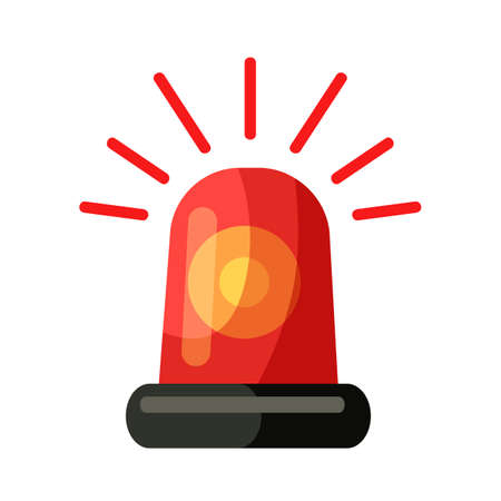 Red police, ambulance, fire alarm siren alert emergency effect flasher isolated on white. Cartoon firefighters flashing light notifying about dangerous and hazard. Vector flat illustrationのイラスト素材