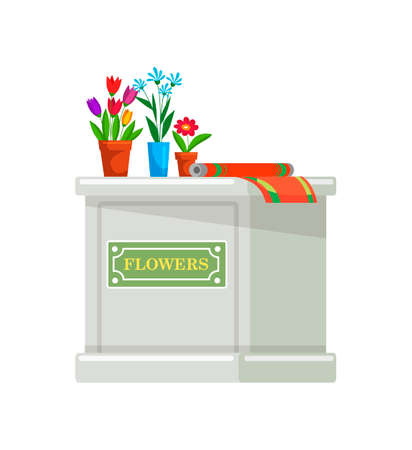 Desk counter with potted flowers blossom present wrapping paper in floristic shop. Florist profession. Workplace for saleswoman. Reception for seller. Table for sale plants. Vector illustrationのイラスト素材