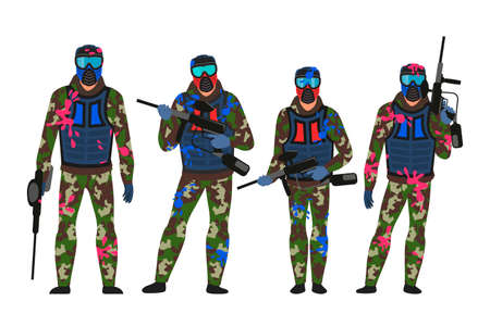 Paintball players set in standing position isolated on white. Men in dirty military camouflage and protective blue masks holding shoot guns in hands. Team game. Vector illustrationのイラスト素材