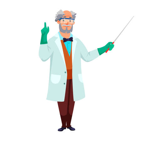Senior man scientist wearing white coat, protective glasses, gloves holding pointer hands standing isolated on transparent backdrop. Laboratory experiment. Old professor lecturer. Vector illustrationのイラスト素材