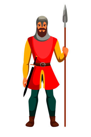Medieval armed knight guard man isolated on white. Armor guarding male character with spear in hand and sword on belt. Security person wearing steel helmet. Cartoon warrior. Vector Illustrationのイラスト素材