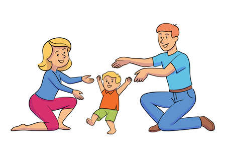 Mother and father teaching baby to walk. First kid steps. Mom dad playing with little child. Loving relationship and care. Children growth and development. Happy family moments. Vector illustrationのイラスト素材