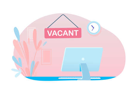 Hiring flat vector poster template. Job interview invitation. Laptops on desk, table isolated clipart. Employment, hiring, recruitment. Join our team. HR management. Open vacancy advertisingのイラスト素材