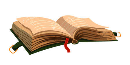 Vector cartoon illustration of old open green book with clasp and old brown pages, red bookmark. Design element for magic or library, bookstore, symbol of knowledge, learning, education conceptのイラスト素材