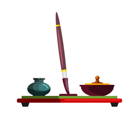 Aged luxury fountain pen and ink on stand. Retro inkwell. Writer vintage accessory isolated on white. Copywriter author office table supplies. Cartoon object for writing.のイラスト素材