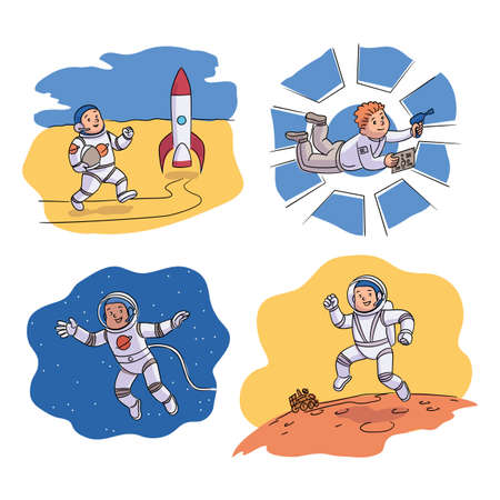 Funny kid astronaut wearing costume scene set. Boy going to rocket, flying in open space, working in gravity on spaceship, walking on moon surface near moonwalker robot. Vector Illustrationのイラスト素材