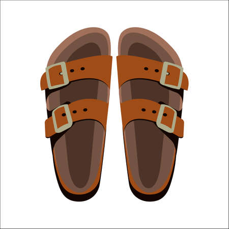 Flat traveler beach brown leather sandals isolated on white. Human shoes for long walk. New comfortable footwear item. Pair of seasonal footgear. Cartoon slipper. Vector tourism illustrationのイラスト素材