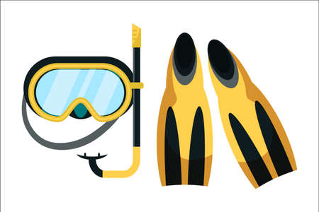 Snorkeling equipment flat vector illustration. Flippers and diving mask isolated on white background. Diver equipment, scuba diving attribute. Summertime, sea resort recreation, underwater swimmingのイラスト素材
