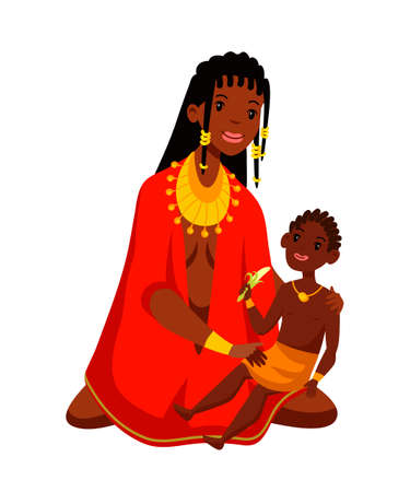 African people. Native woman and child sitting together. Tribal mother holding son on knees. Boy eating banana. Cartoon aboriginal family characters isolated on white.のイラスト素材