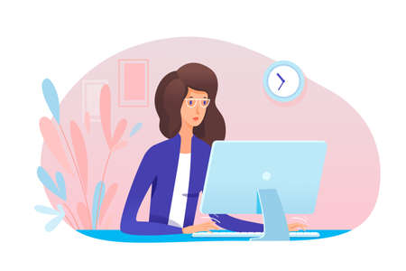 Young woman secretary working at computer in office. Girl assistant typing on keyboard sit at desk. Specialist sitting at table. Workflow process. Business administration. Vector illustrationのイラスト素材