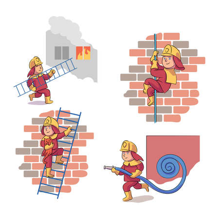 Boy firefighter wearing uniform and helmet using instrument and rescue equipment put out fire isolated scene set. Fireman in action doing job. Firefighting emergency.のイラスト素材