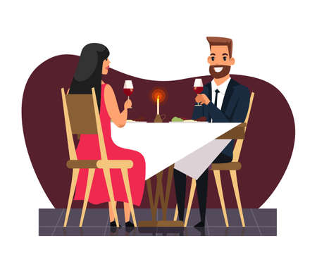 Happy smiling businessman with wife in elegant dress sitting at table and drinking wine. Romantic candlelight dinner at restaurant. Romance and dating. Anniversary celebration. Vector illustrationのイラスト素材