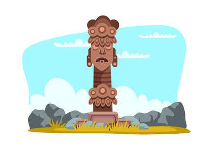 Wooden tribal totem god religious symbol among stones. Ancient culture. Pagan civilization idol. Indigenous sculpture. African tribe ritual object. Natural landscape. Vector illustrationのイラスト素材