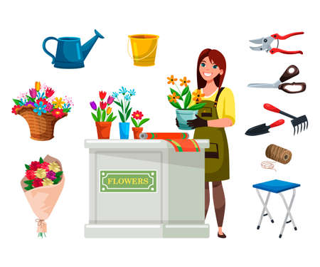 Woman florist in apron with flowers equipment set. Smiling girl in overalls gloves planting. Floral bouquets, plants composition in basket and pots. Watering can, bucket, scissors and working toolsのイラスト素材