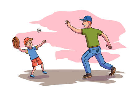Cheerful father playing baseball with son in city park outdoor.Vector happy parenthood and childhood, parents and children playing, spend time together concept. Cartoon flat character designのイラスト素材