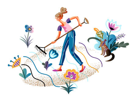 Young smiling woman raking enjoy spring gardening time. Girl with dog working in garden. Lady gathering dry grass with rake take care of flower bed. Horticulture season. Vector illustrationのイラスト素材