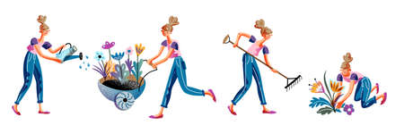 Young woman gardener engaged in gardening isolated scene set. Girl watering flower, cultivating and planting plant sprout, pushing trolley with seedling, raking dry grass. Vector illustrationのイラスト素材
