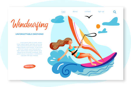 Vector character illustration of windsurfing woman in blue ocean waves. Young active girl sailing in sea. Banner template, landing page of sports club, outdoor activities, marine entertainment, travelのイラスト素材