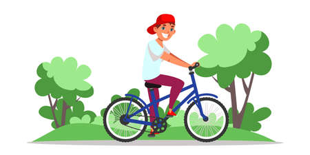 Guy riding bicycle flat vector illustration. Young man on bike cartoon character. Environment friendly, ecologically clean personal transport. Healthy lifestyle, nature protectionのイラスト素材