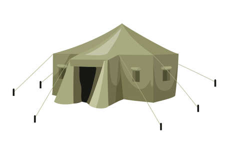 Green military tarpaulin tent with rope for army camp isolated on white background. Tourism, journey, hiking, camping, army motives. Overnight, headquarters, shelter in field. Vector illustrationのイラスト素材
