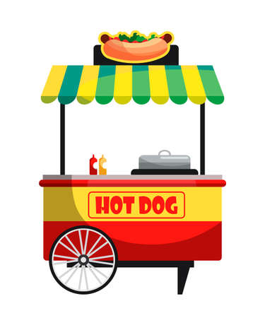 Vector flat illustration of mobile hot dog cart, street food market. Modern fast food snack bar isolated on white background. Design elements for catering business, food court, street cafe conceptのイラスト素材