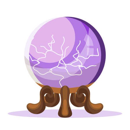 Spiritual crystal ball isolated on white background. Purple glass sphere with energetic flash lightning on wooden stand. Magic object for fortunetelling and fate prediction. Vector illustrationのイラスト素材